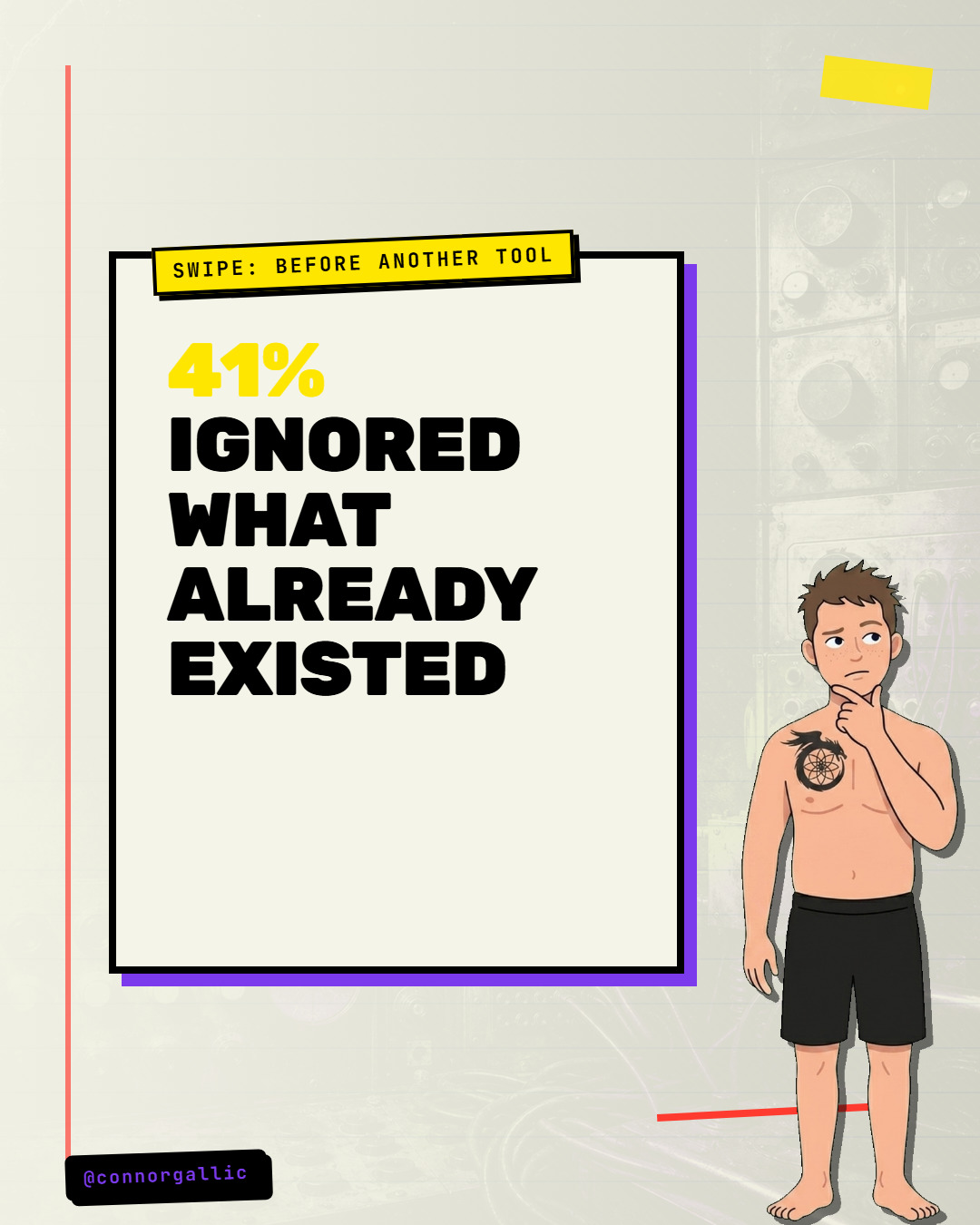 Connor mascot thinks beside the headline “41% ignored what already existed” on a yellow brutalist card.