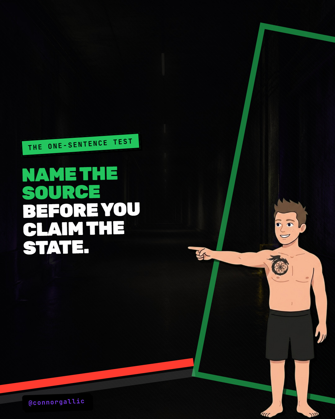 Connor mascot points to the rule “Name the source before you claim the state.”