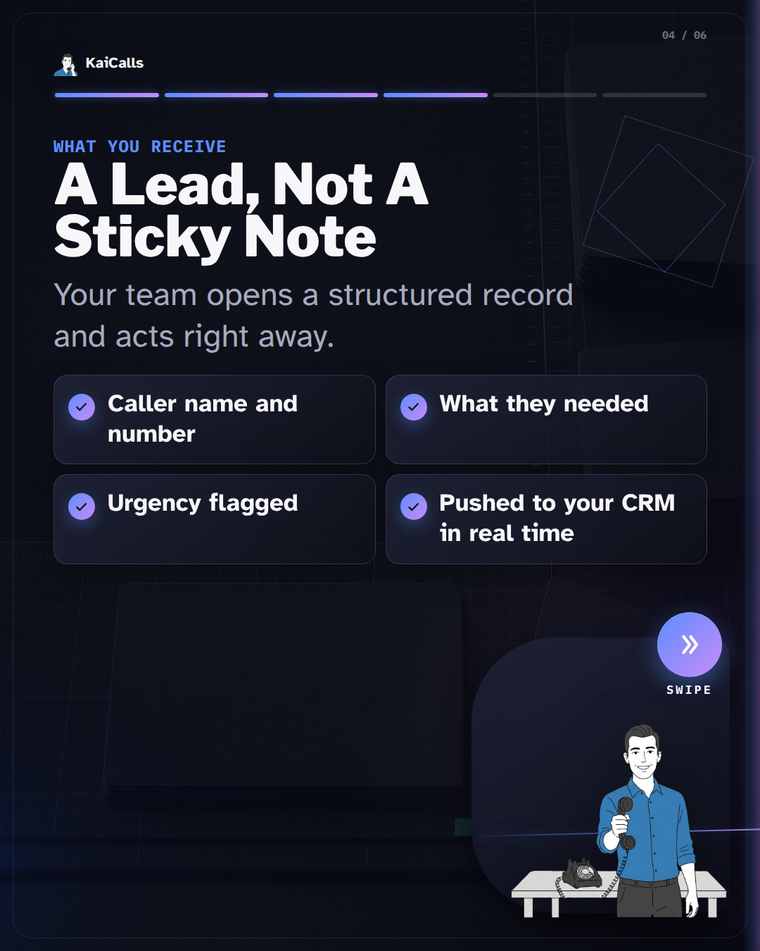 Kai describes a structured lead record with caller, need, urgency, and CRM push.