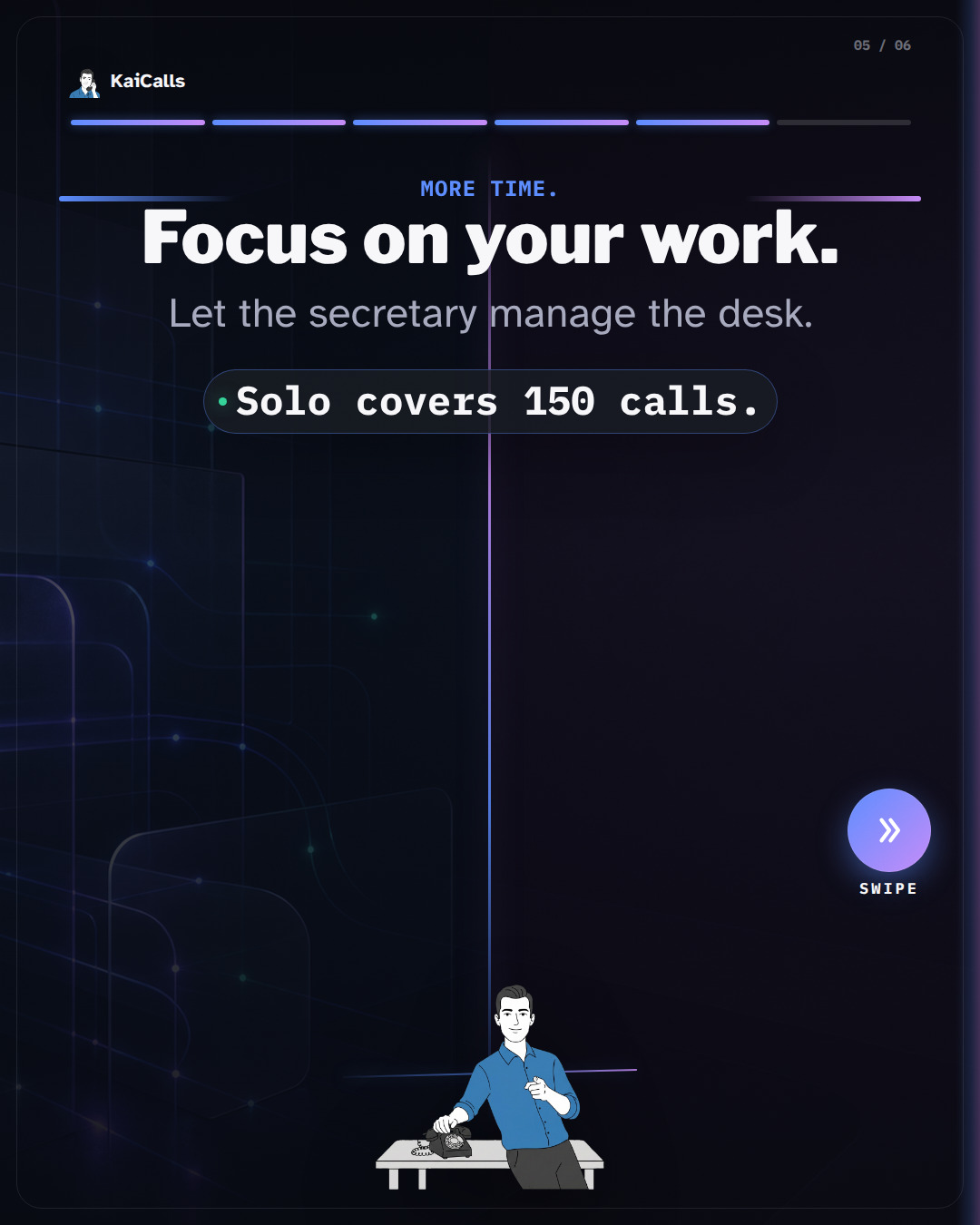 Kai is working at a desk.
